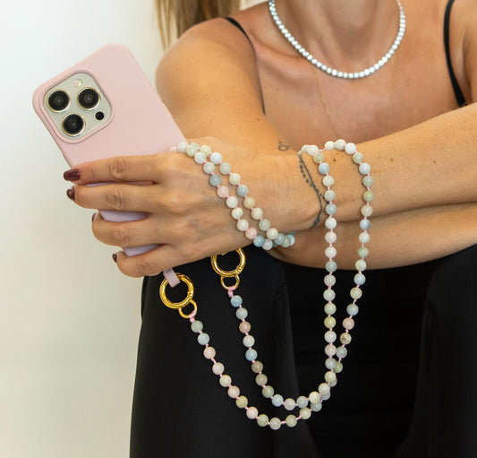 Pink Phone Case + Natural Morganite Gemstone Strap Set